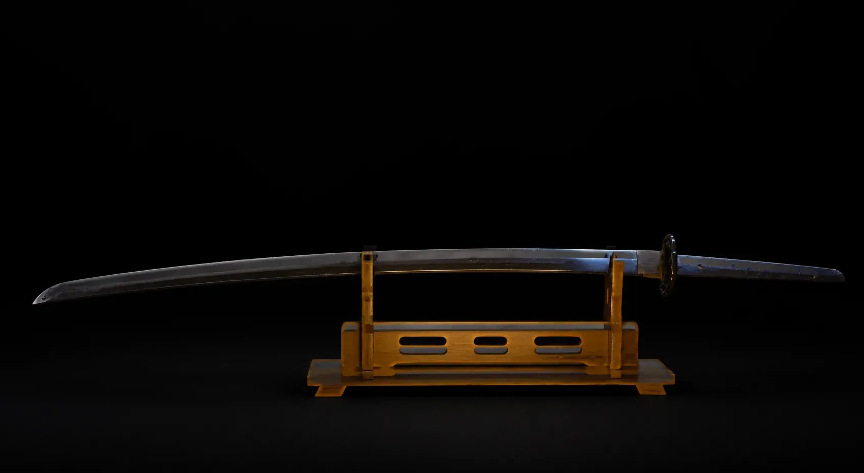 The Mantetsu blade in its Shin Guntō mounting, displayed on a stand