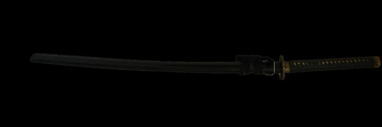 The sword in its black-lacquer mounting with a cherry-blossom tsuba and hilt fittings