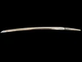 The bare blade laid out in full on a black ground, showing the curve, the fresh polish and the signed nakago