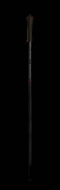 The signed yari shown in full on a black ground: the black-lacquer pole, the abalone-inlaid mounting and the metal butt cap