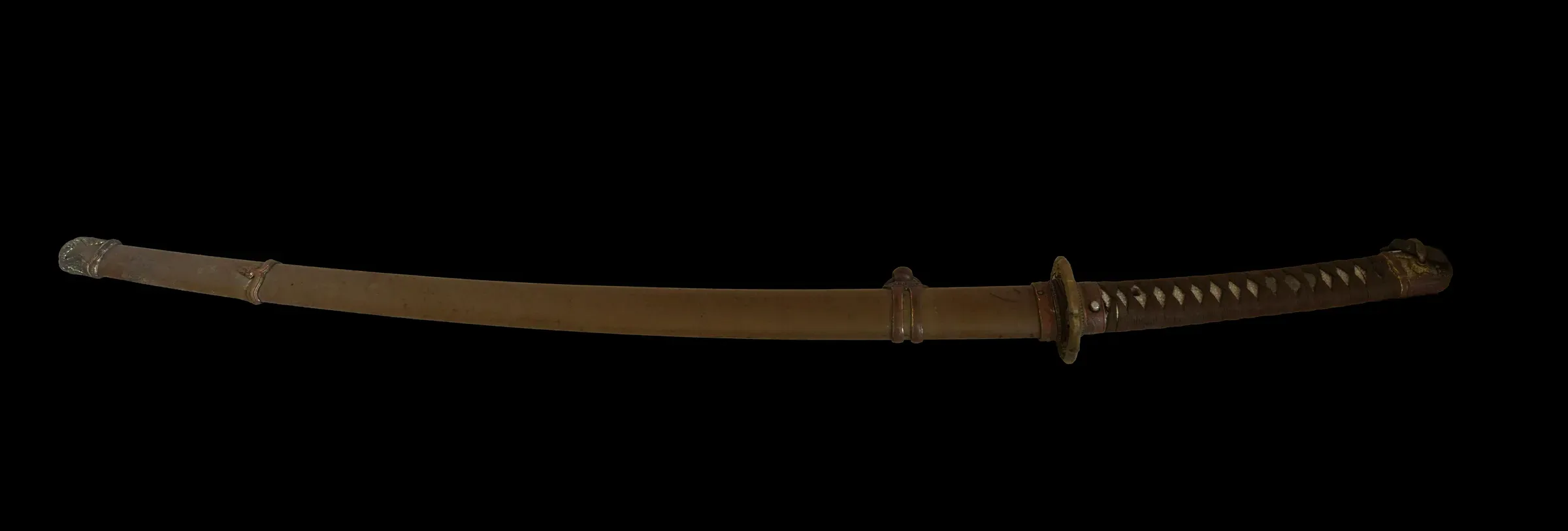 The sword fully mounted in its leather-covered field scabbard, with its two hanging mounts and bound hilt