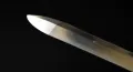 Close-up of the bright-polished spear point, showing the central ridgeline