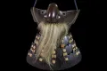 The face armour seen from the front, with its grey hair moustache and the laced throat guard below