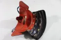 The inside of the mask, showing the vermilion lacquer interior and the navy silk cords