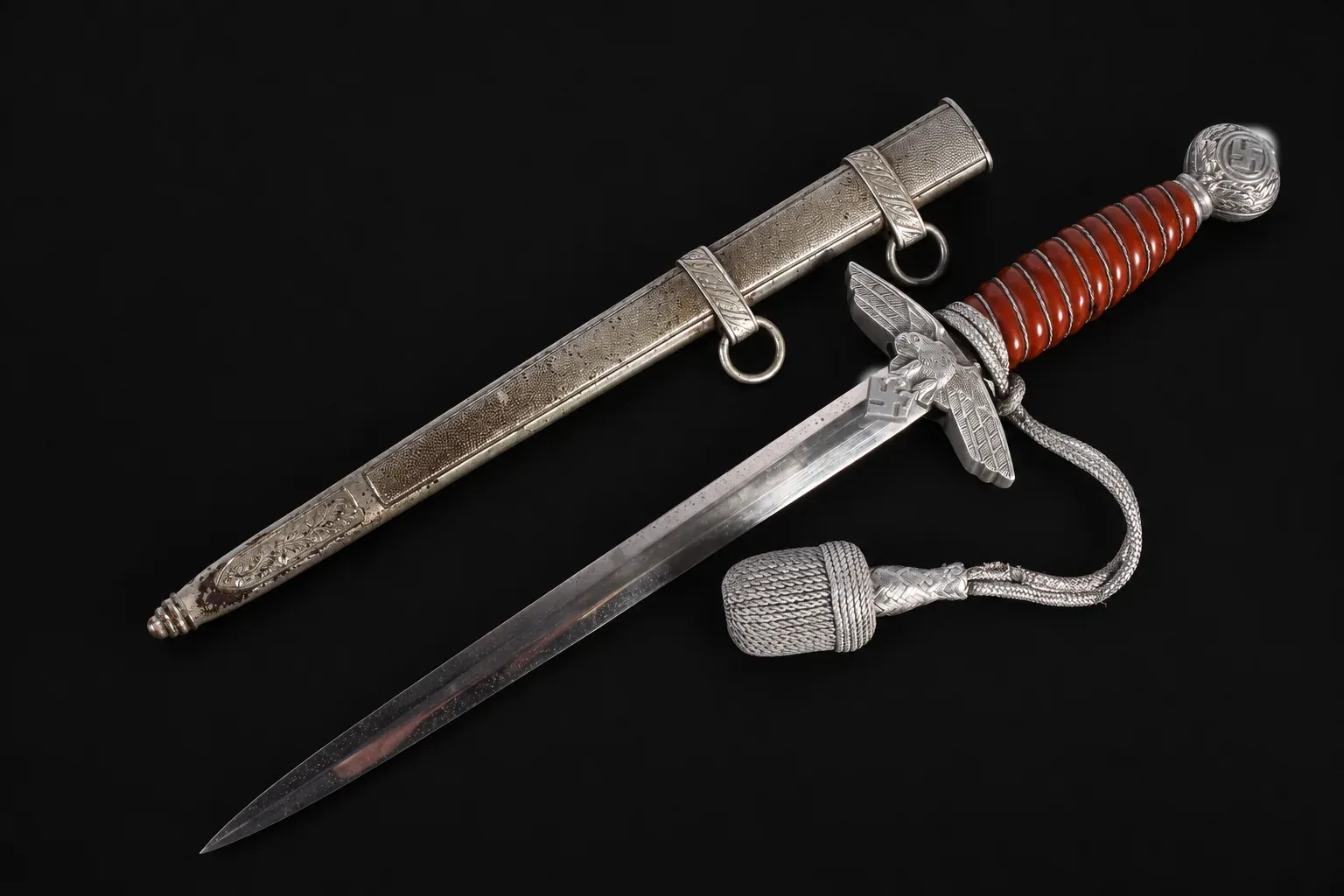 The dagger drawn beside its scabbard, showing the full second-model pattern with the bullion troddel attached